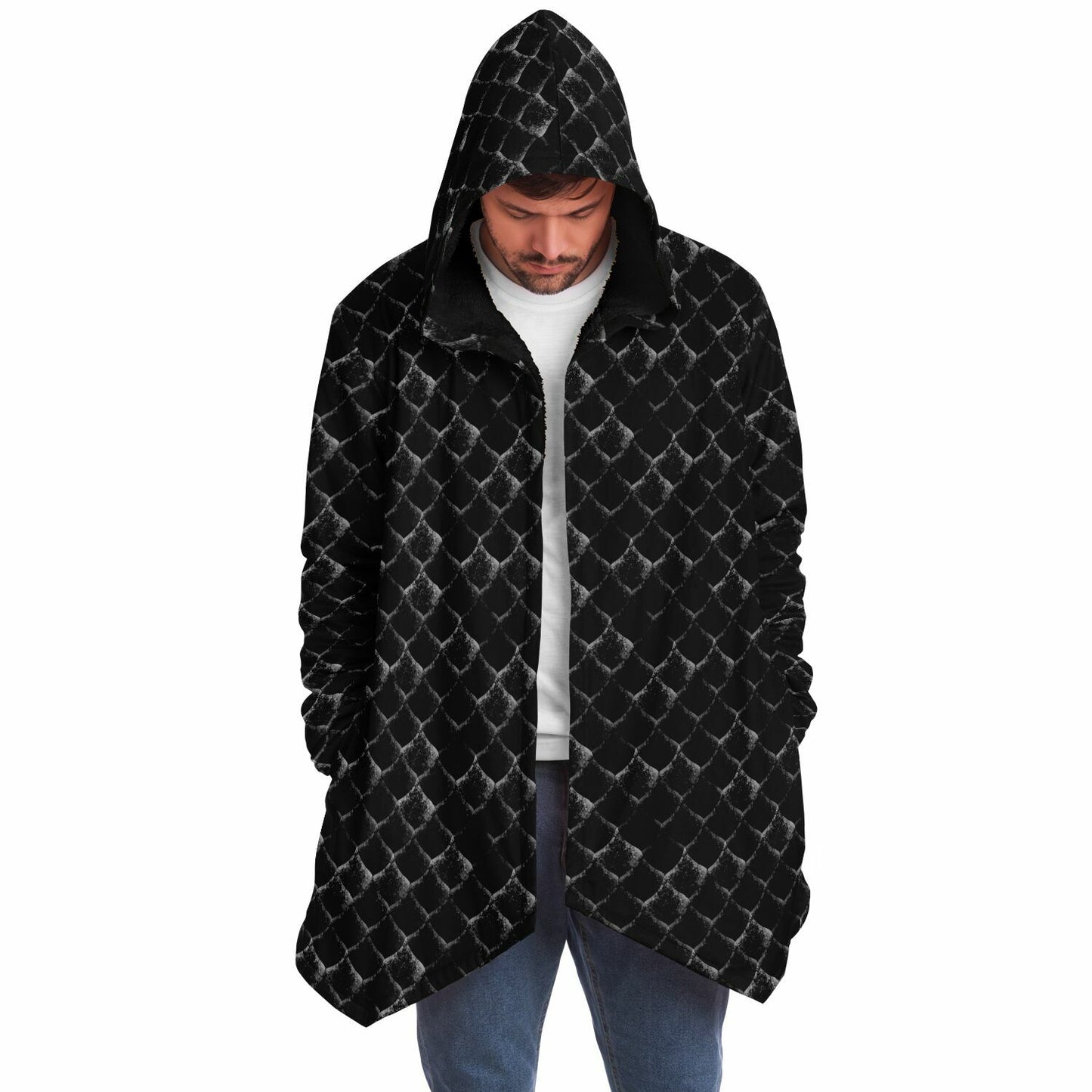 Dragon Scales Hooded Fleece Cloak - BLACK