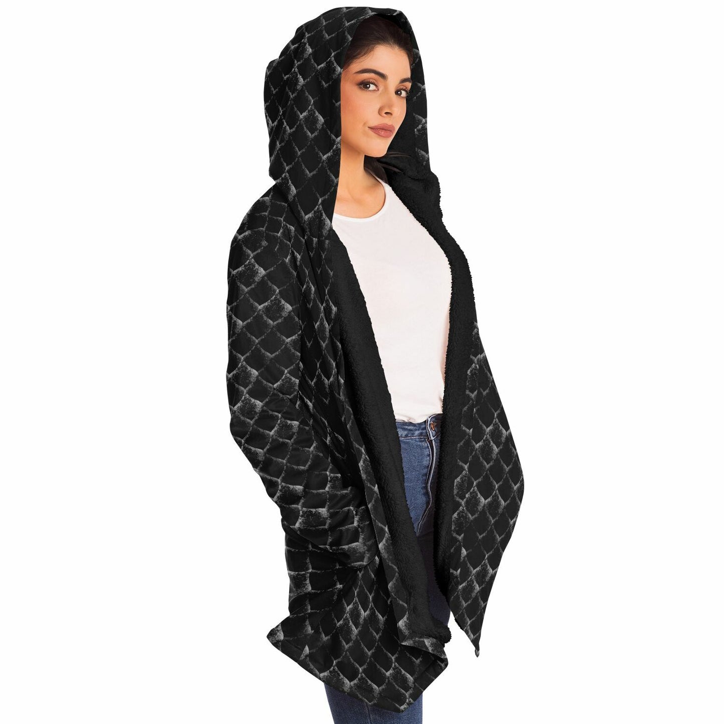 Dragon Scales Hooded Fleece Cloak - BLACK