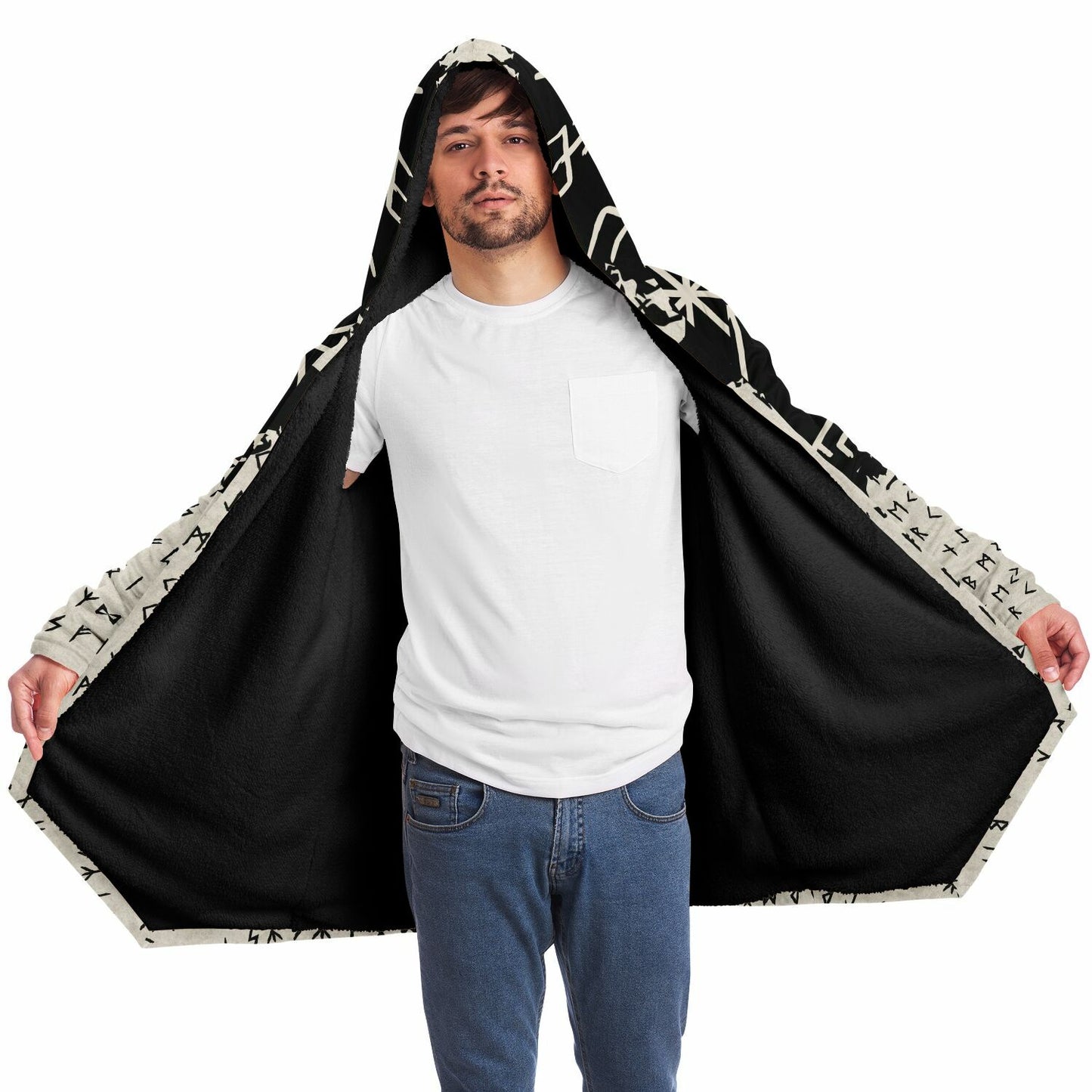 Norse Runes Hooded Fleece Cloak
