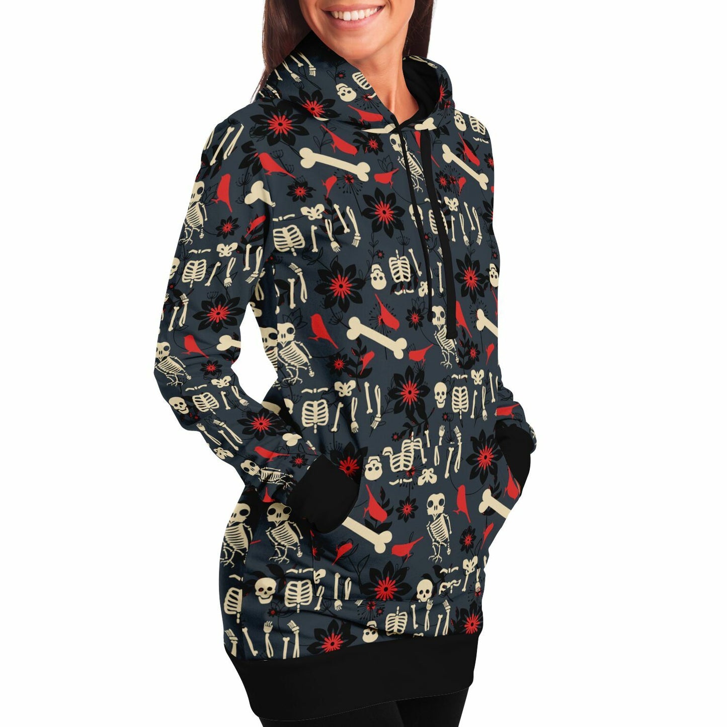 Long style hooded sweatshirt with bird and human skeleton design with dark floral background - on model view, hands in kangaroo pocket