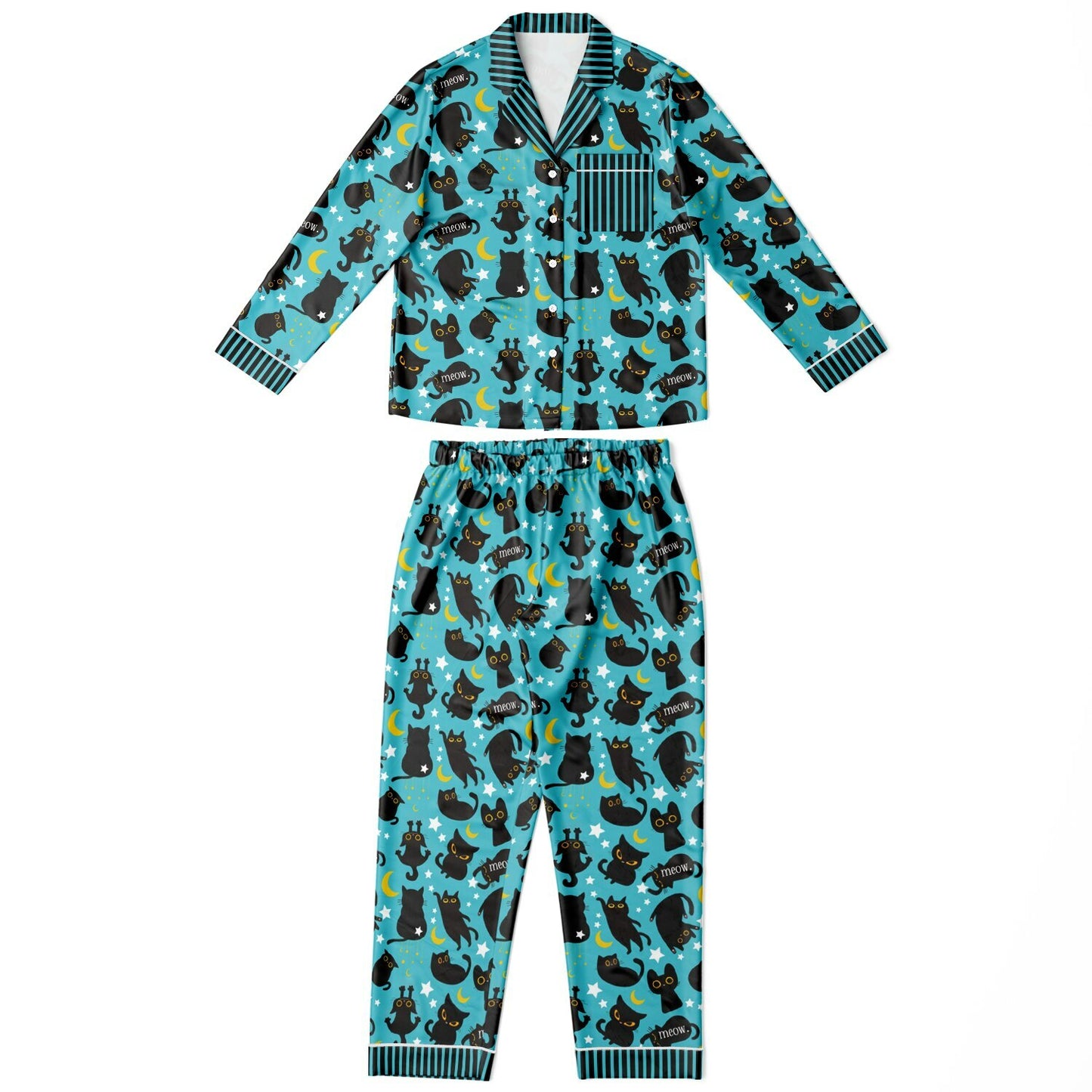 Black Cat Satin Pajamas - MIDNIGHT MADNESS