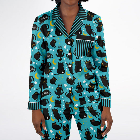 Midnight Magic Black Cat Satin Pajamas