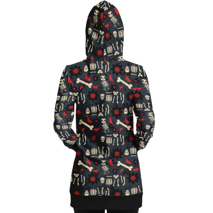 Long style hooded sweatshirt with bird and human skeleton design with dark floral background - back view on model ,hood up