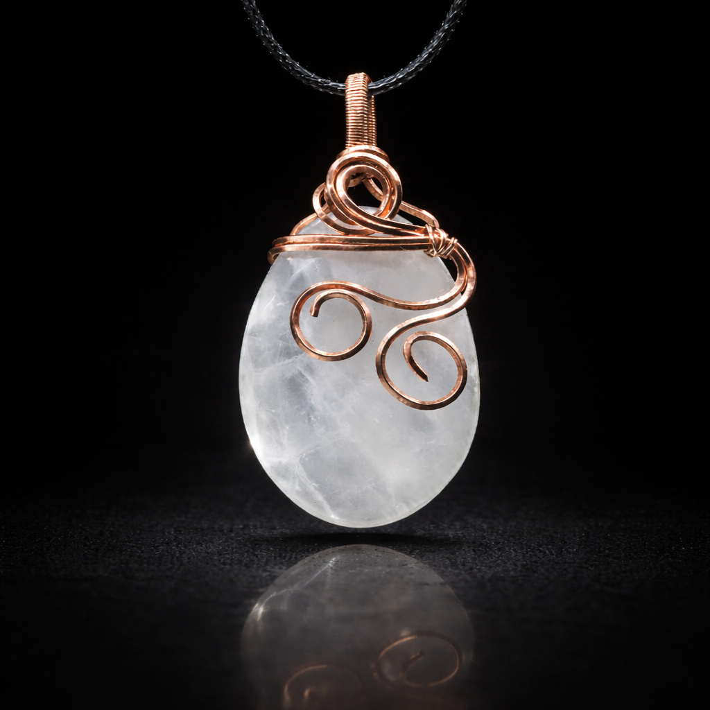 Quartz Crystal pendant with copper wire wrapping on a black background