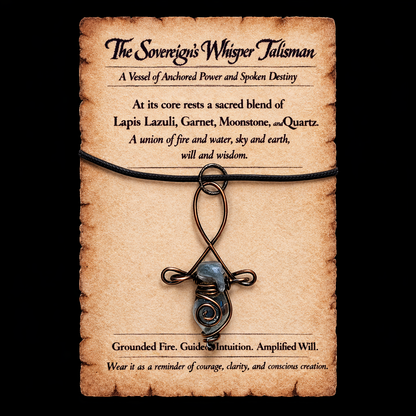 Talisman necklace on a textured card with descriptive text