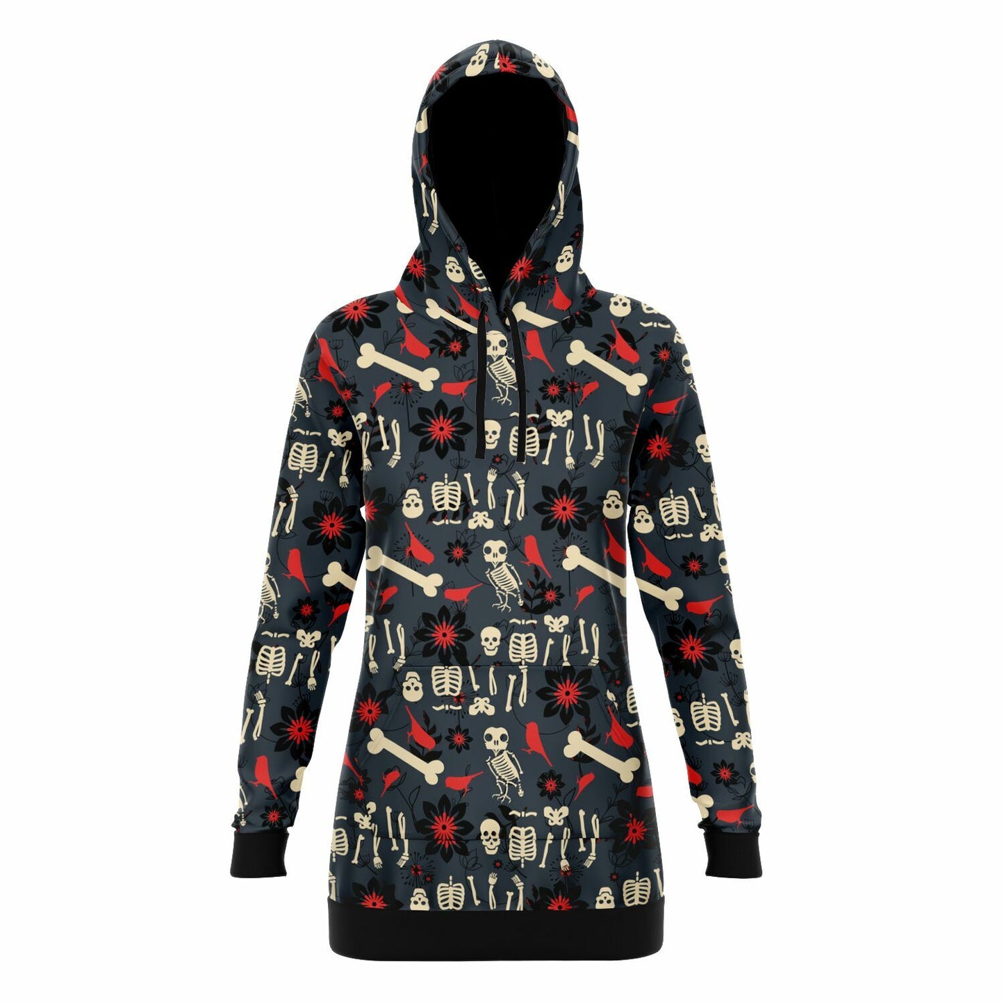 Long style hooded sweatshirt with bird and human skeleton design with dark floral background - Front View