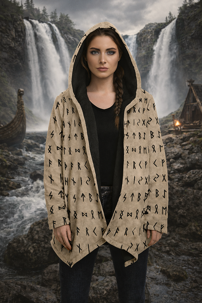 Norse Runes Hooded Fleece Cloak